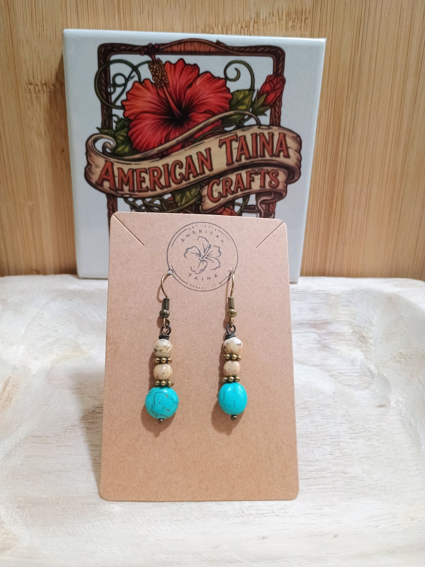 Handcrafted Turquoise & Cream Beaded Dangle Earrings - Antique Brass - American Taina Crafts