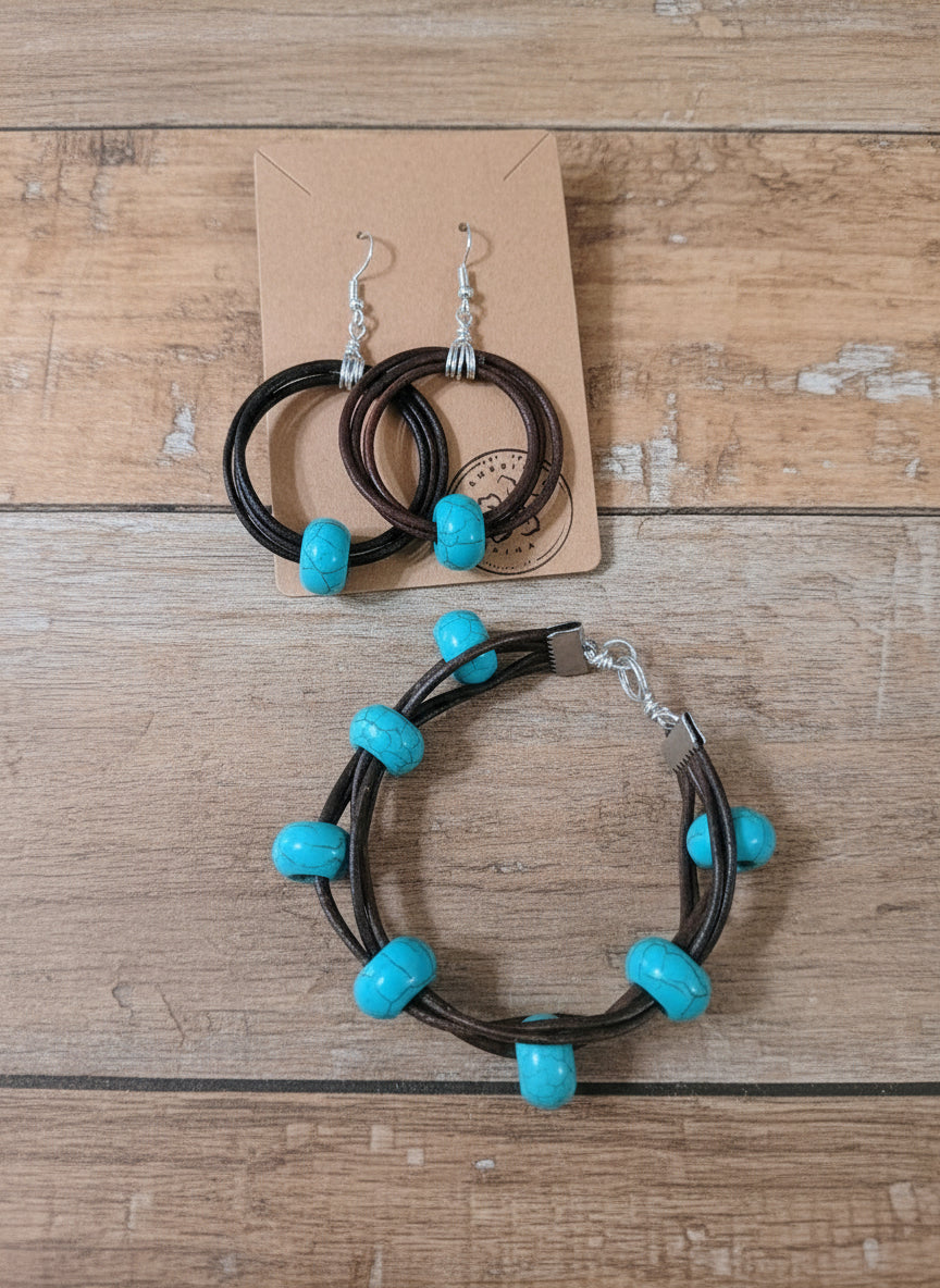 Handmade Necklace with turquoise beads and brown leather cord