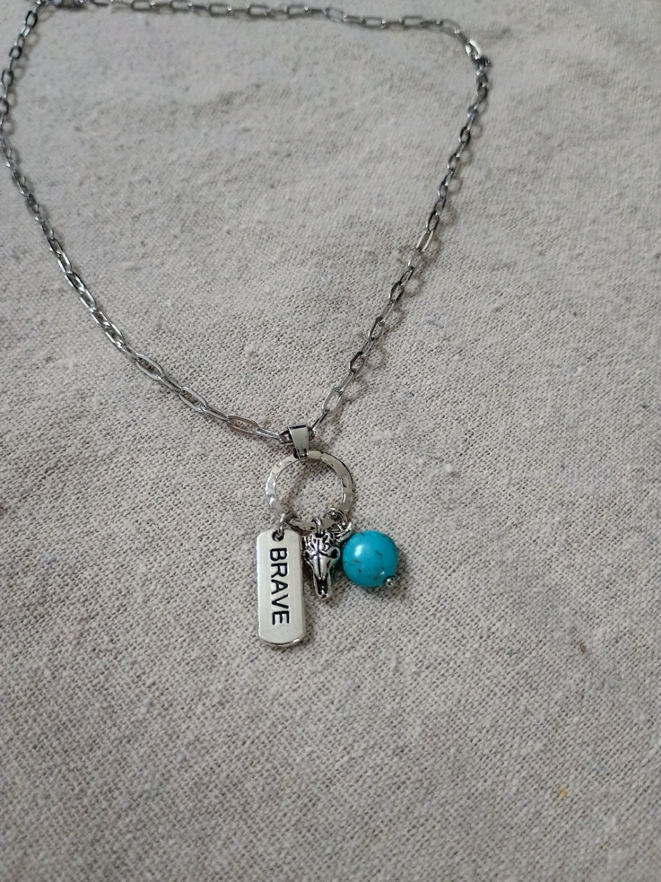 Brave Charm Necklace - Longhorn & Turquoise Silver Charms
