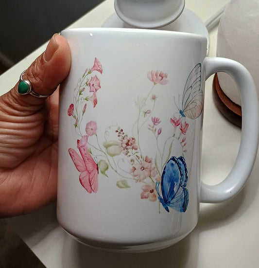 Butterfly Coffee Mug 15oz - Beautiful Floral Ceramic Mug - American Taina Crafts