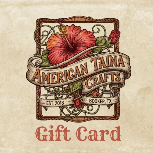 American Taina Crafts gift card with hibiscus flower and decorative vintage floral design
