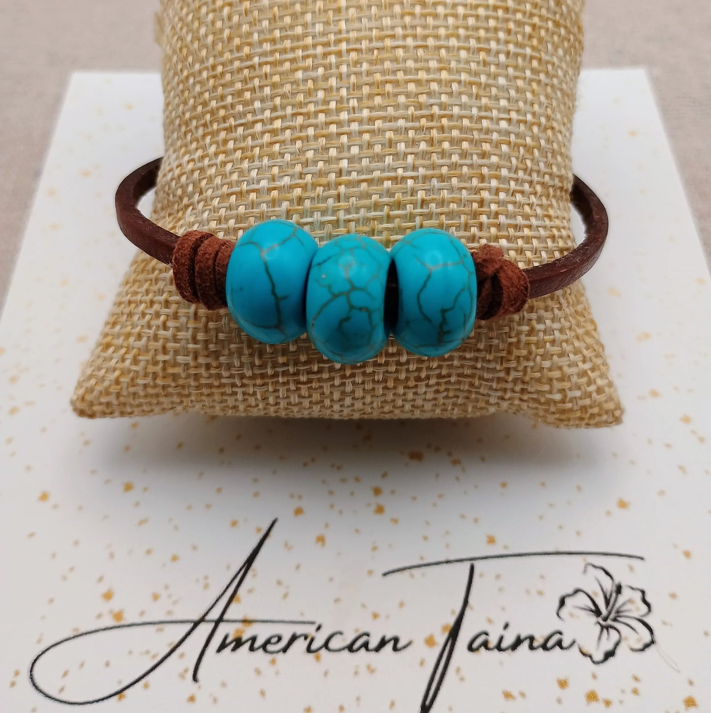 Turquoise Leather Bracelet - Taino Heritage Style | American Taína - American Taina Crafts