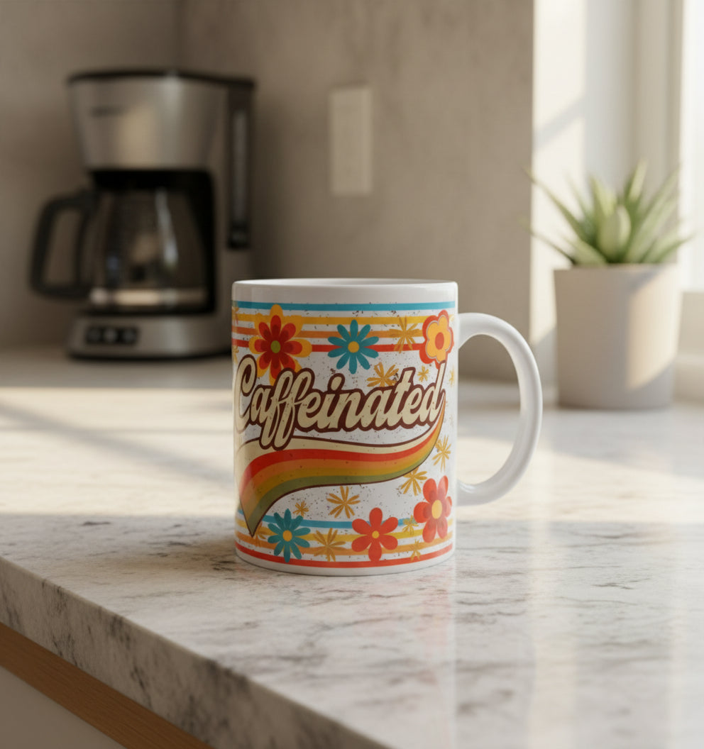 White coffee mug with colorful retro flowers and the word 'Caffeinated' on kitchen counter