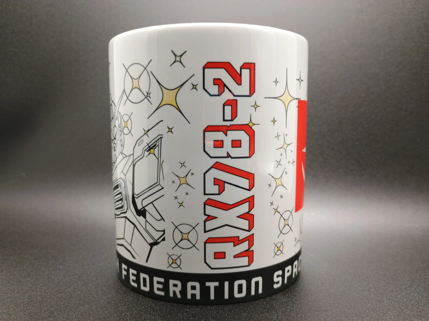 White mug with red text RX-78-2, robot illustration, and black base text Federation Space