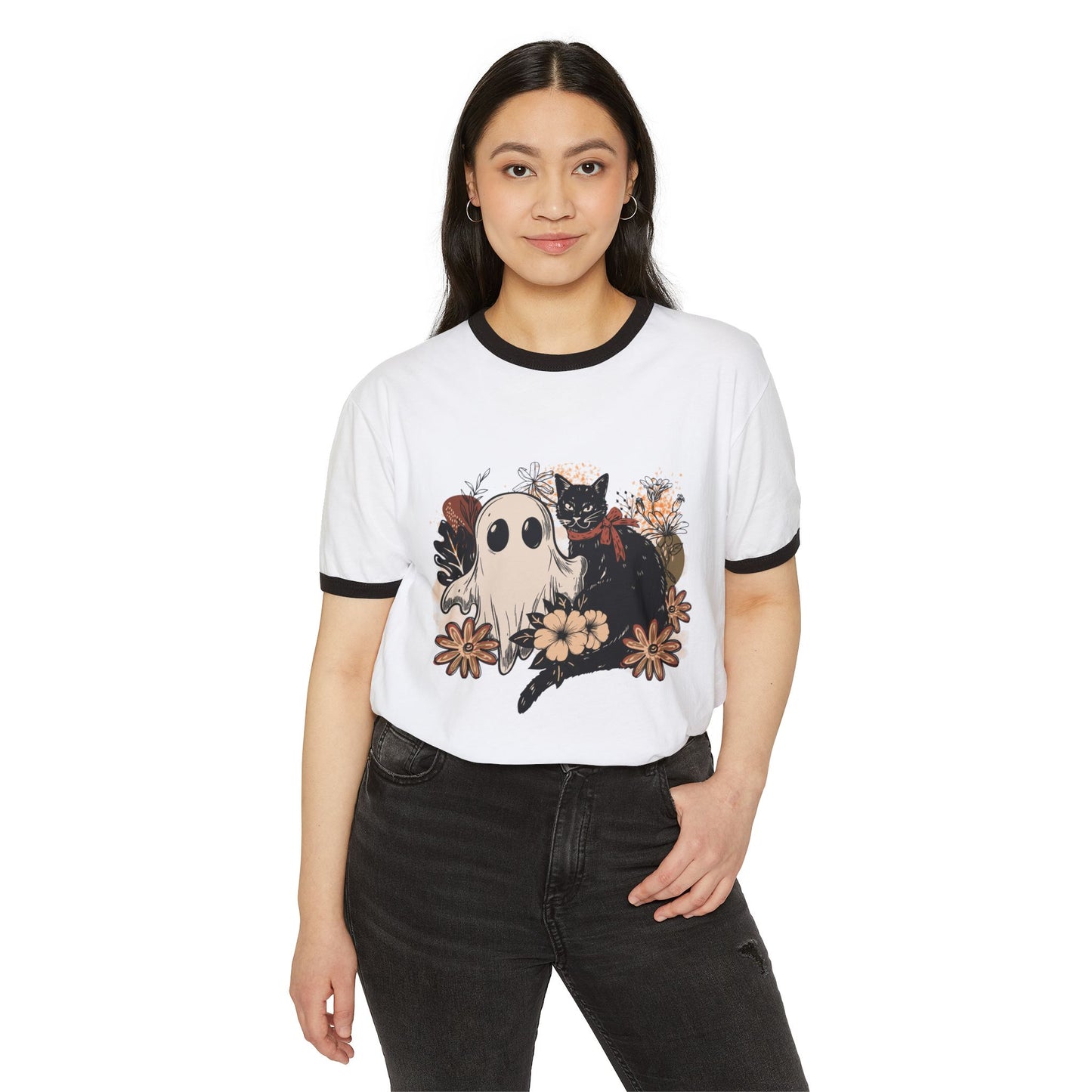 Vintage Cat and Ghost Ringer T-Shirt