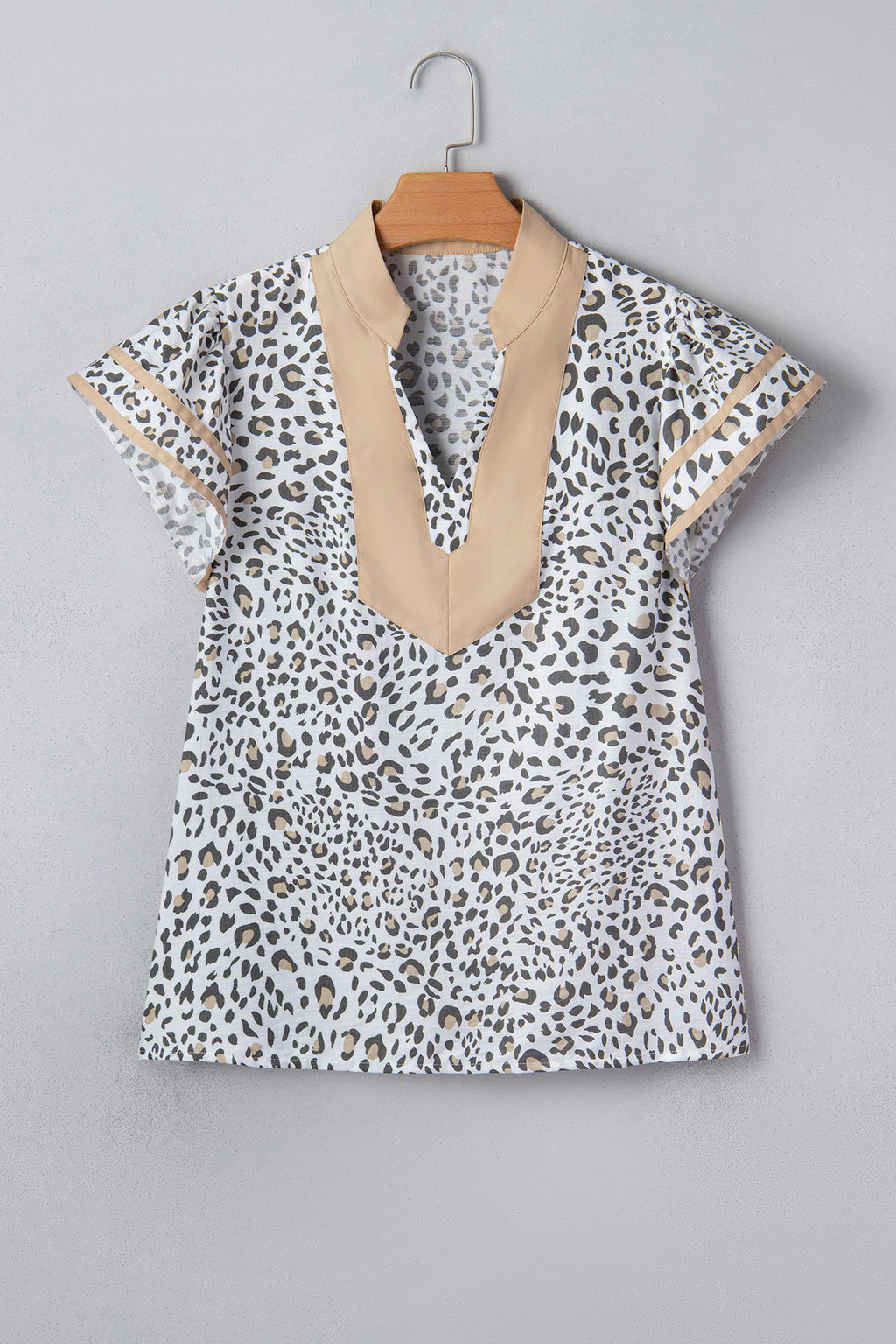 White Leopard Printed Color Block Patchwork V Neck Cap Sleeve Blouse