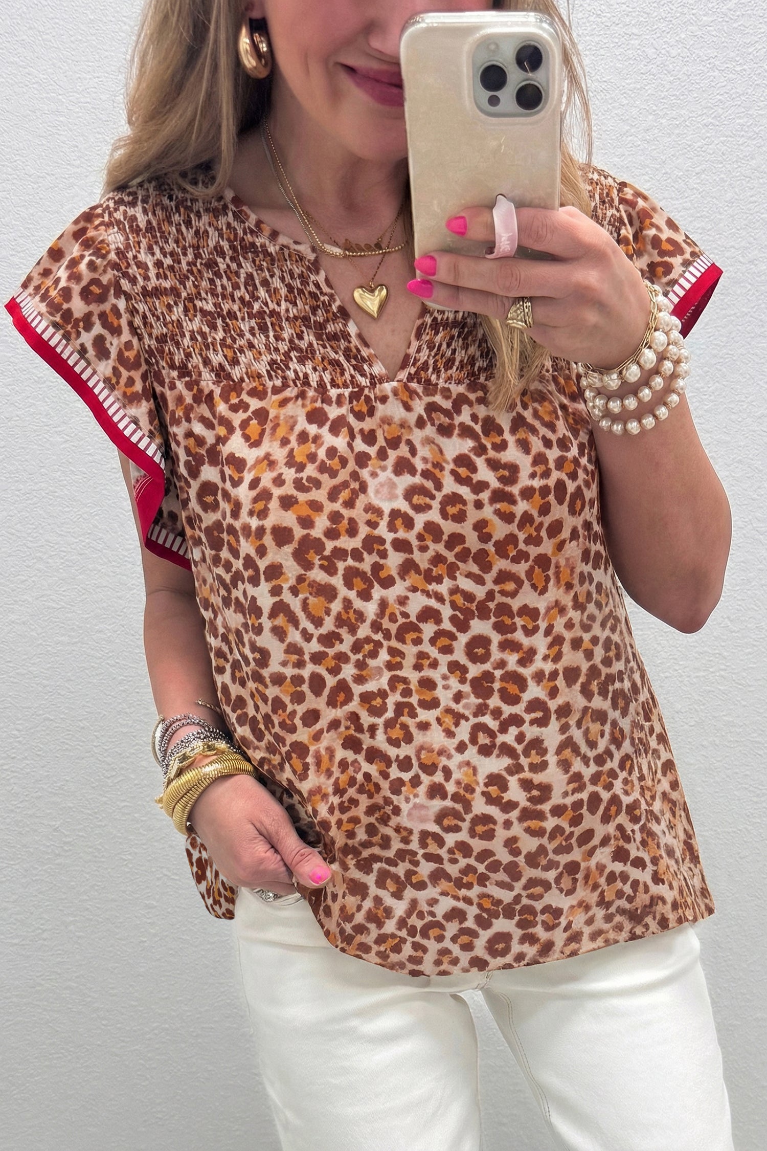 Apricot Contrast Trim Ruffled Short Sleeve Leopard Blouse