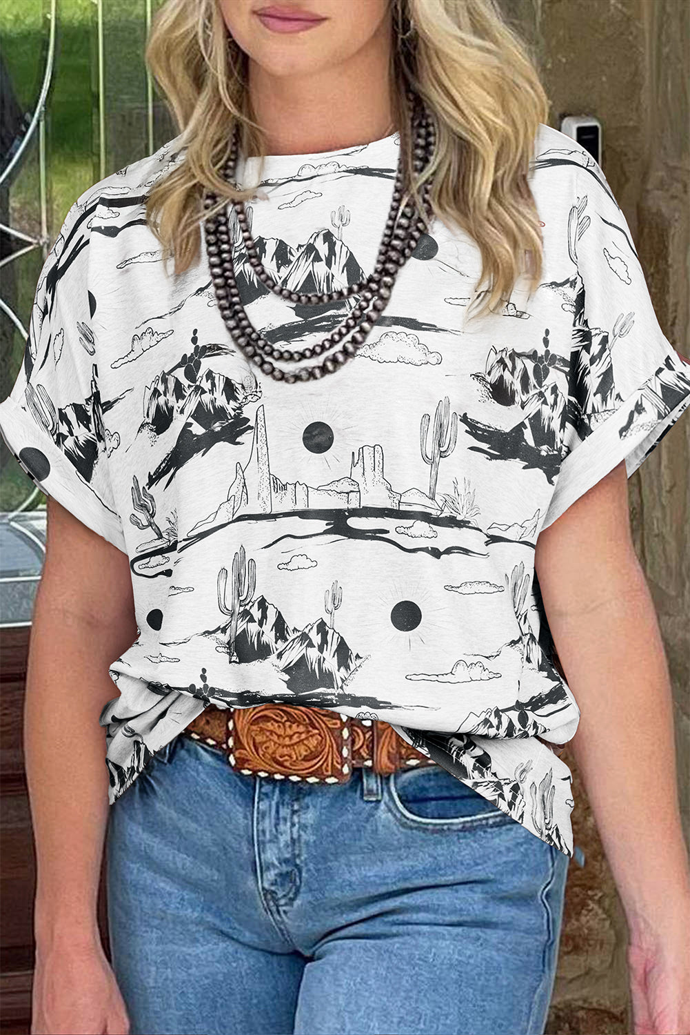 White Desert Sand Print Short Sleeve Knit Top