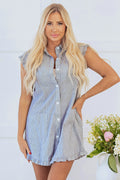 Blue Stripe Frilled Sleeveless Collar Front Pocket Button Up Mini Dress