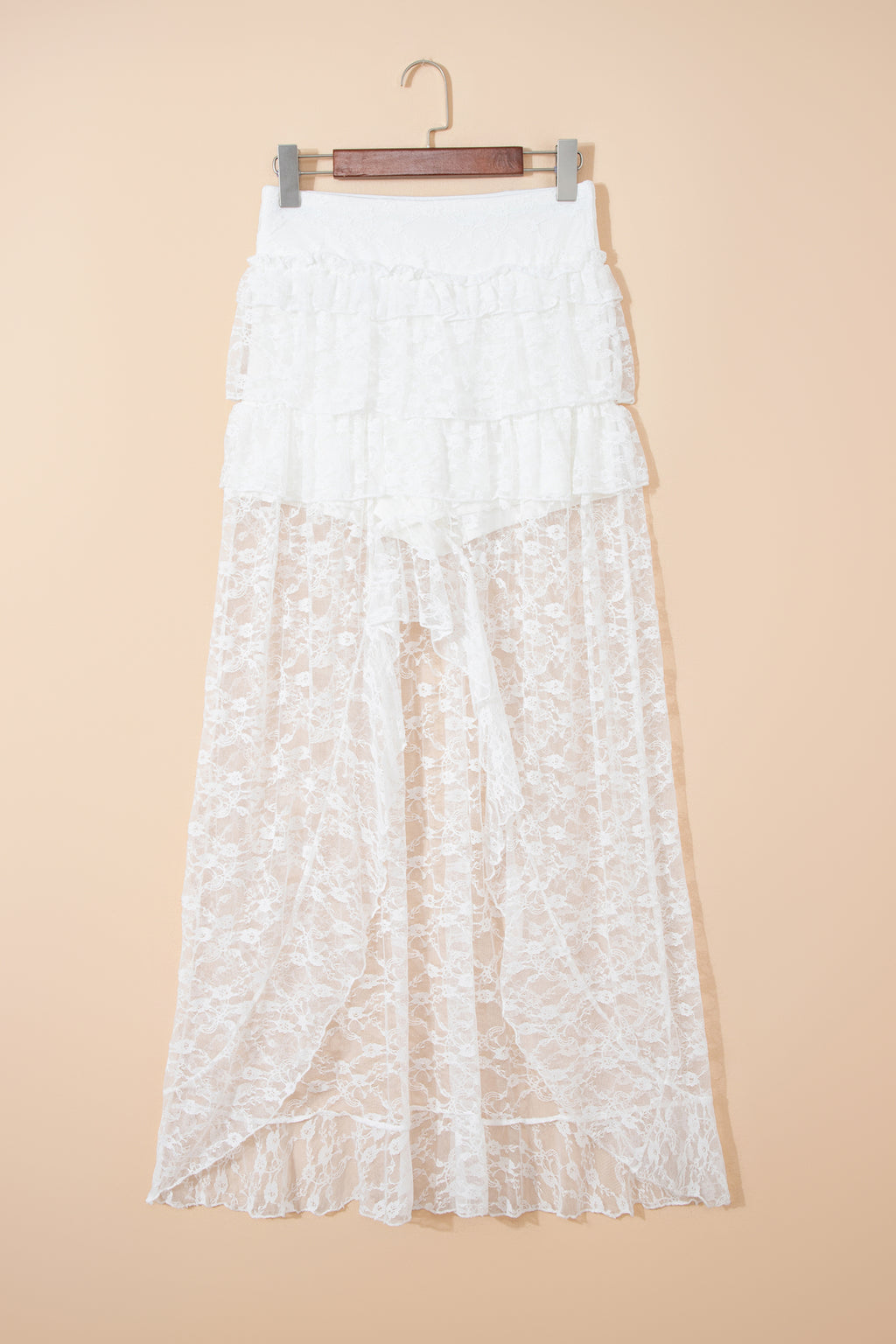 White Sheer Lace Frilly Ruffles High Low Long Skirt