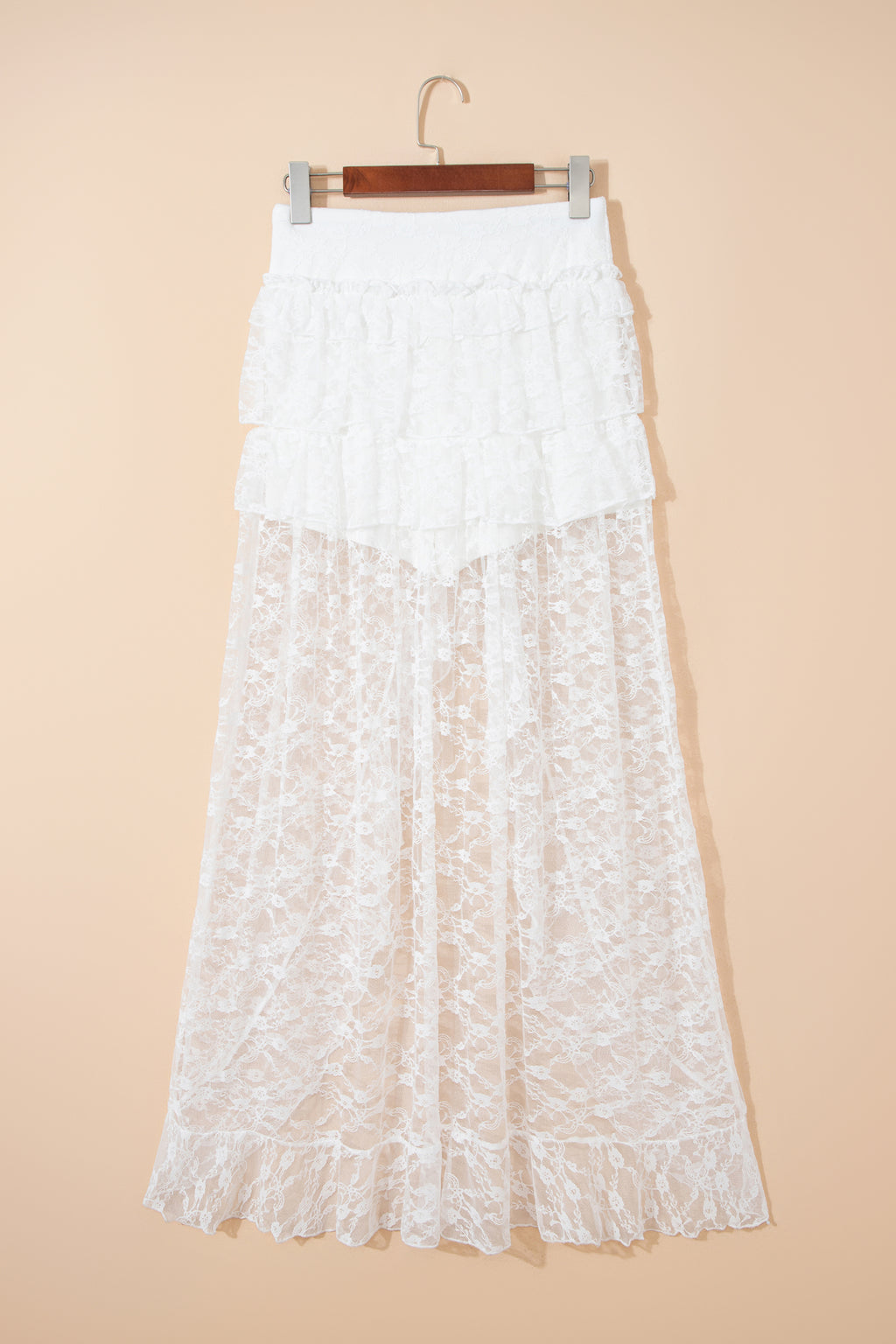 White Sheer Lace Frilly Ruffles High Low Long Skirt