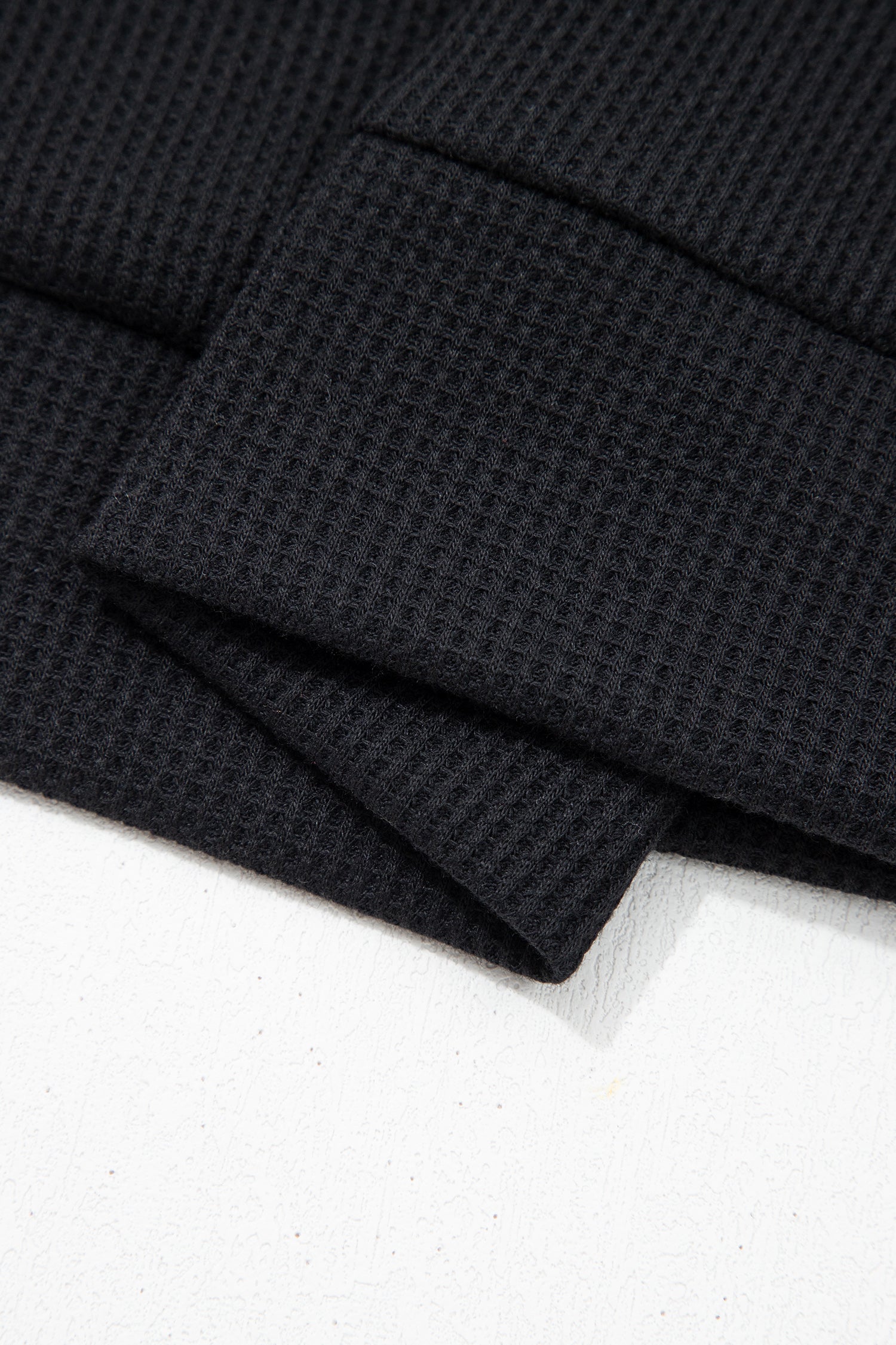 Black Waffle Knit Denim Contrast Trim Patchwork Button Polo Collar Top