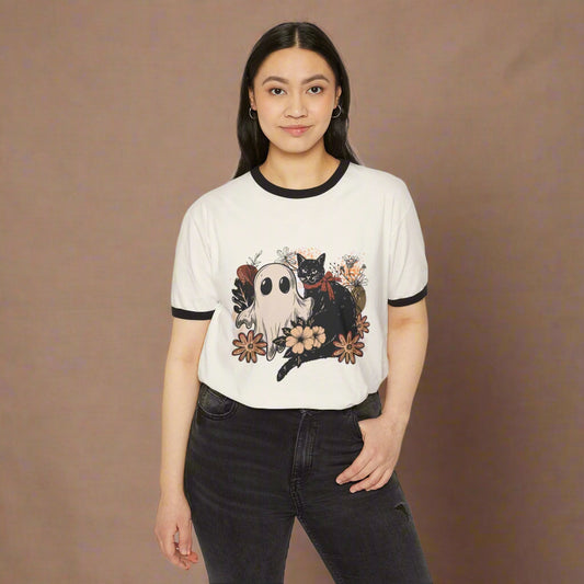 Vintage Cat and Ghost Ringer T-Shirt