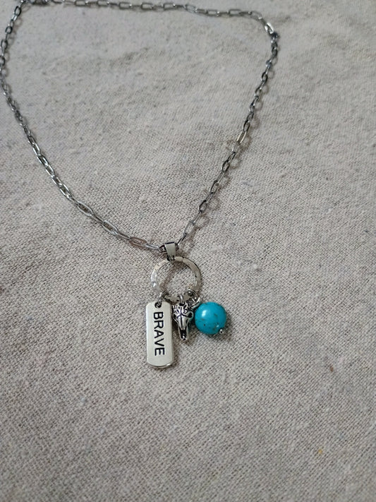 Brave Charm Necklace - Longhorn & Turquoise Silver Charms