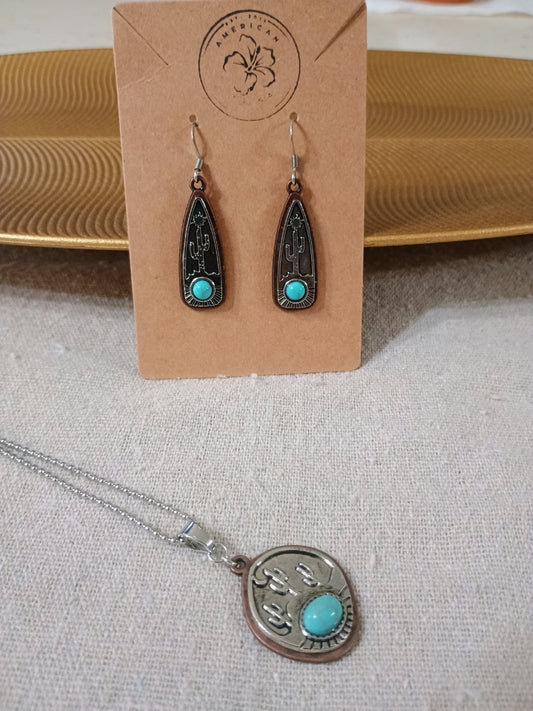 Southwestern Cactus Jewelry Set - Turquoise & Silver