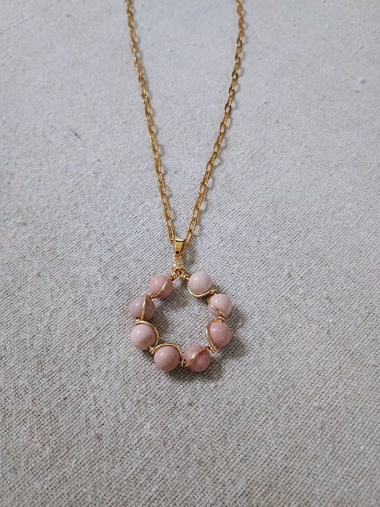 Blush Spiral Harmony Necklace - Handmade Gold Wire Wrapped Gemstone | American Taina Crafts