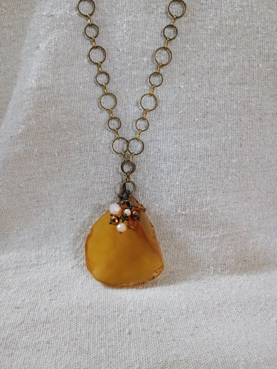 Yellow Agate Slice Necklace - Natural Stone Pendant on Brass Chain