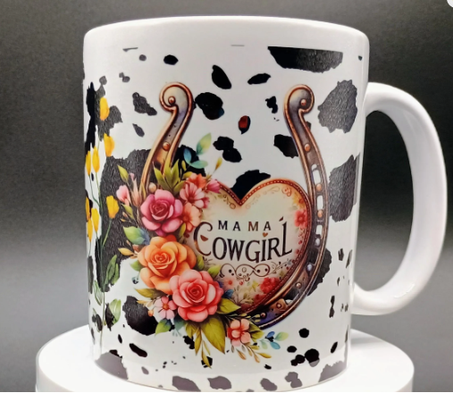 Mama Cowgirl Mug Western Floral Heart with Cow Print Rustic Gift for Moms, Rodeo Lovers - American Taina Crafts 
