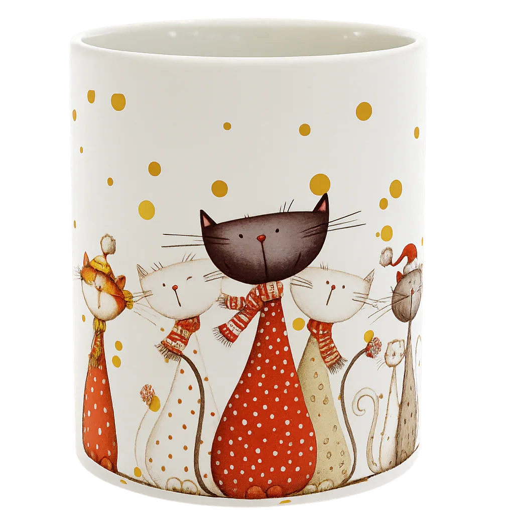 White mug with whimsical cats wearing scarves and winter hats, surrounded by golden dots