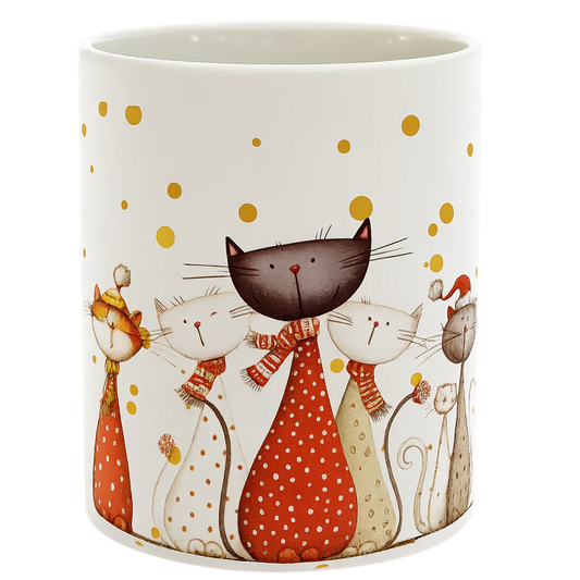 White mug with whimsical cats wearing scarves and winter hats, surrounded by golden dots