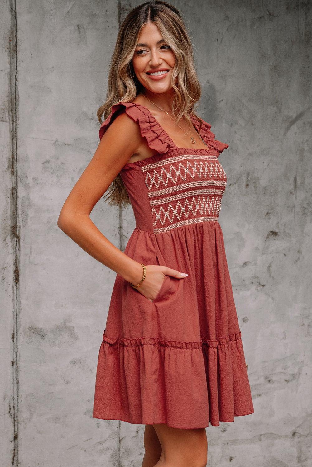 Red Sandalwood Geometric Stitch Shirred Bodice Ruffled Trim Sleeveless Mini Dress