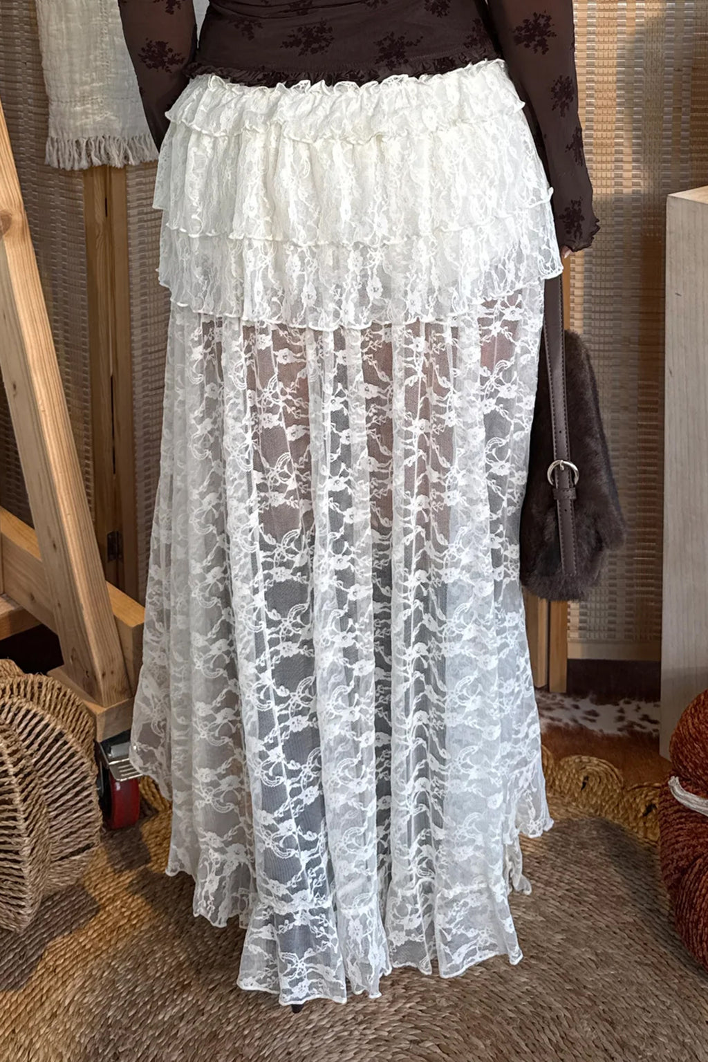 White Sheer Lace Frilly Ruffles High Low Long Skirt