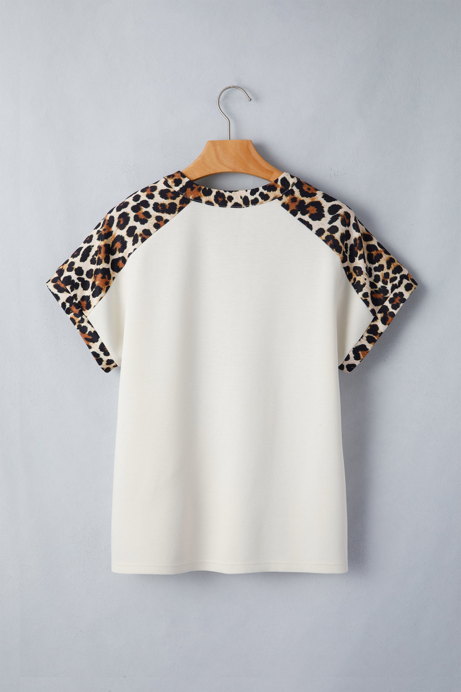 Beige Leopard Patchwork Half Button Short Sleeve Top
