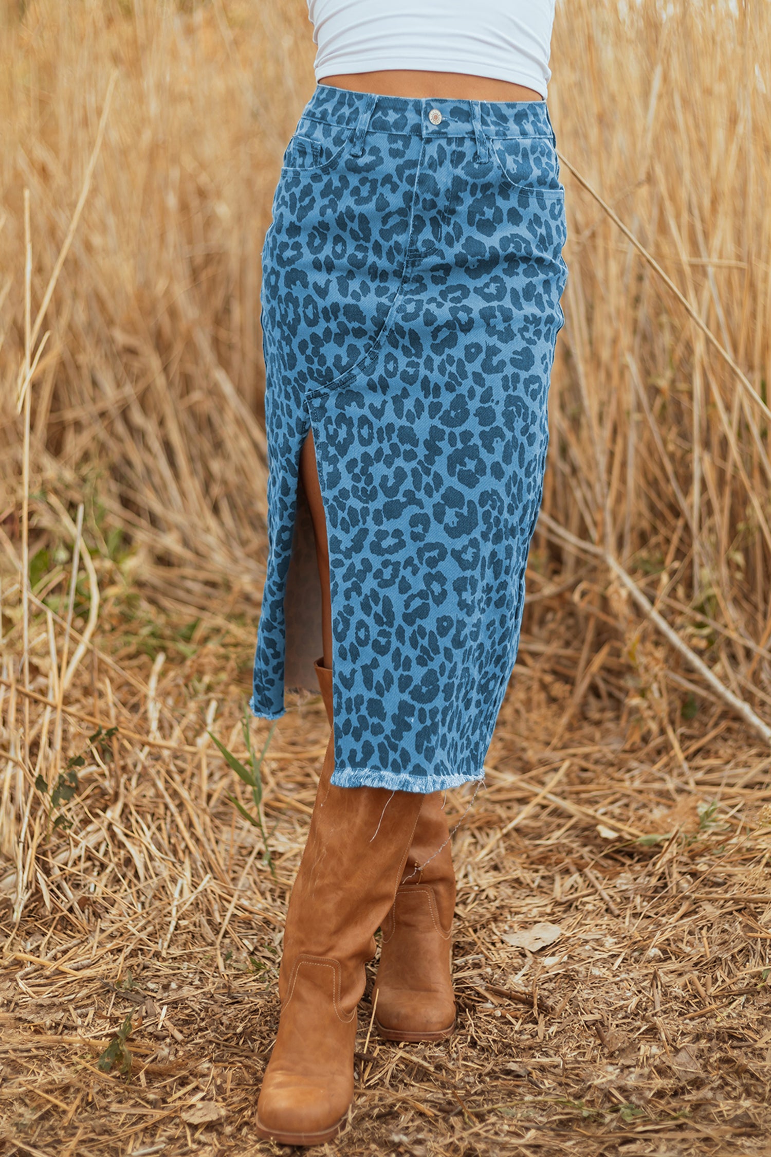 Sky Blue Leopard Denim Frayed Split Denim Midi Skirt