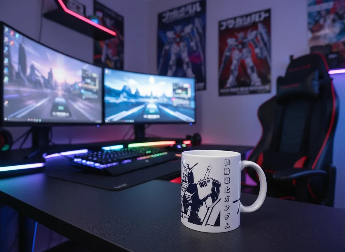 Gaming setup with dual curved monitors, RGB keyboard, Gundam-themed mug, and gaming chair