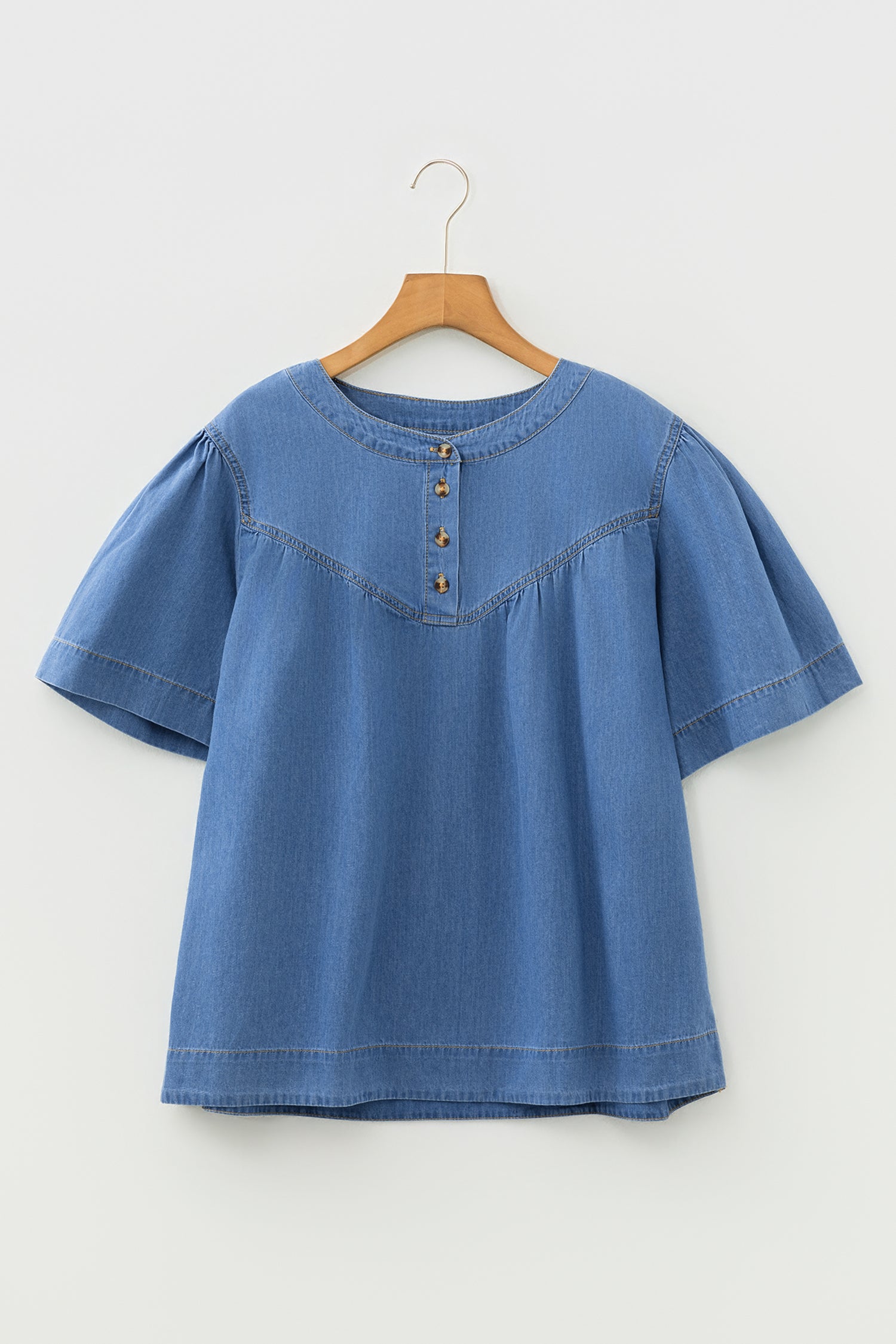 Beau Blue Seam Pleated Detail Half Button Short Sleeve Denim Top