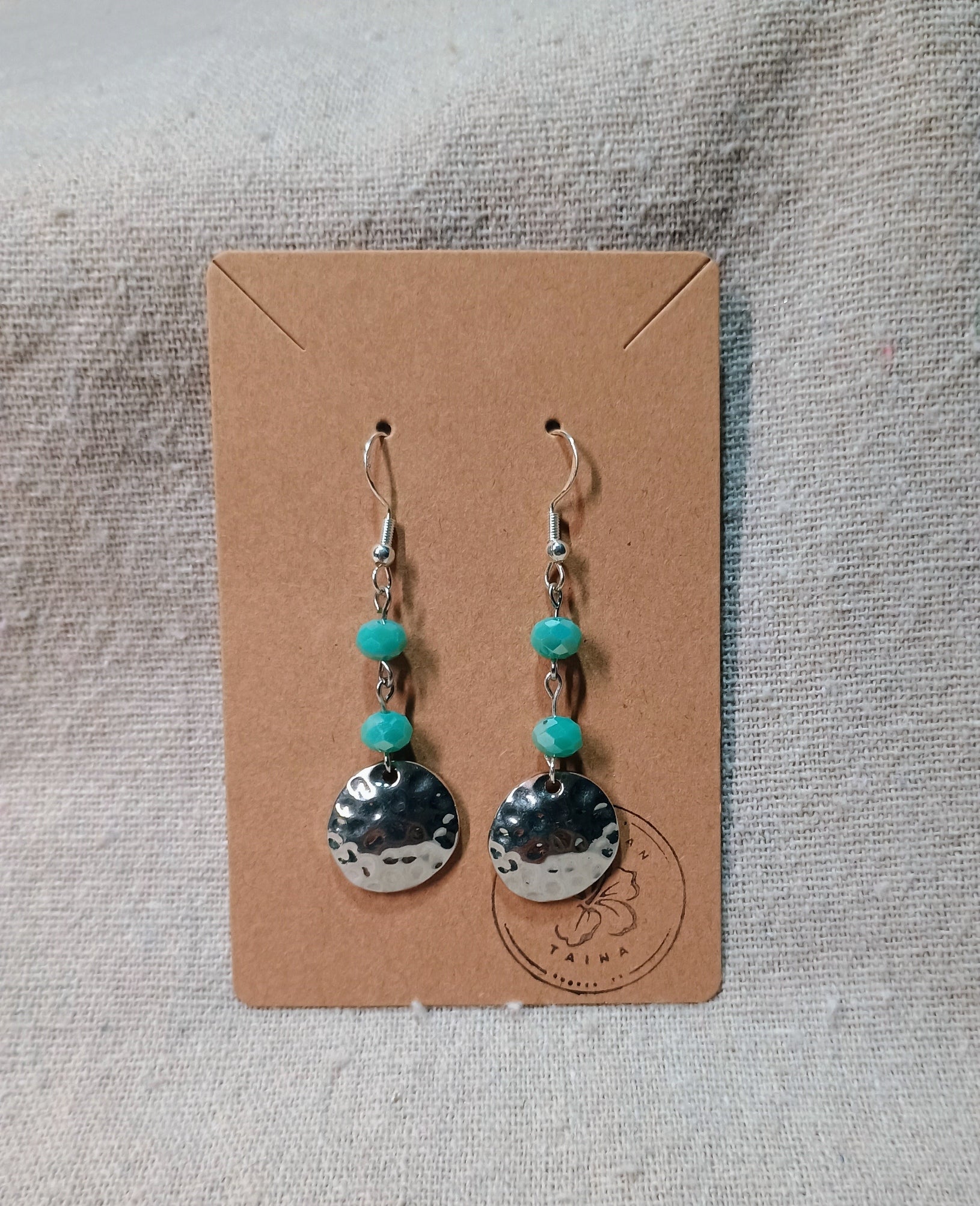 Turquoise Earrings - Hammered Silver Discs | American Taína - American Taina Crafts 