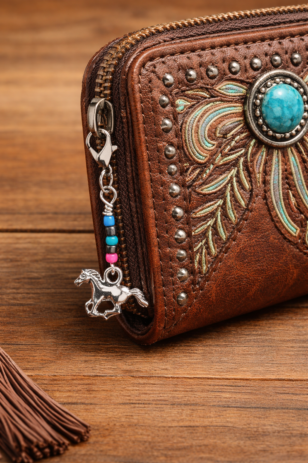 Western Zipper Charm with Horse & Beads