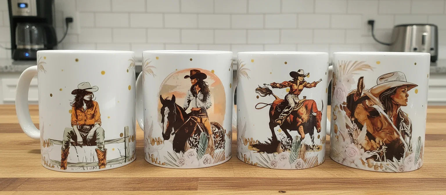 White ceramic mugs with western cowgirl and horse illustrations on wooden countertop