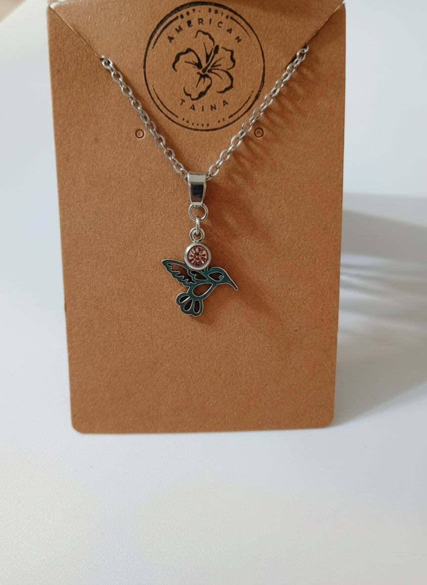 Silver Hummingbird Pendant Necklace with Pink Crystal Charm – Dainty Bird Jewelry for Women & Nature Lovers