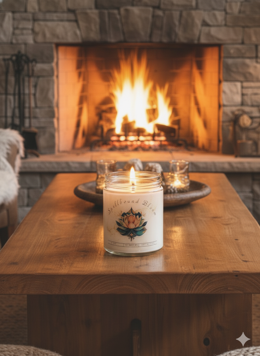 Lit Spellbound Bloom candle on wooden table with warm stone fireplace in cozy living room