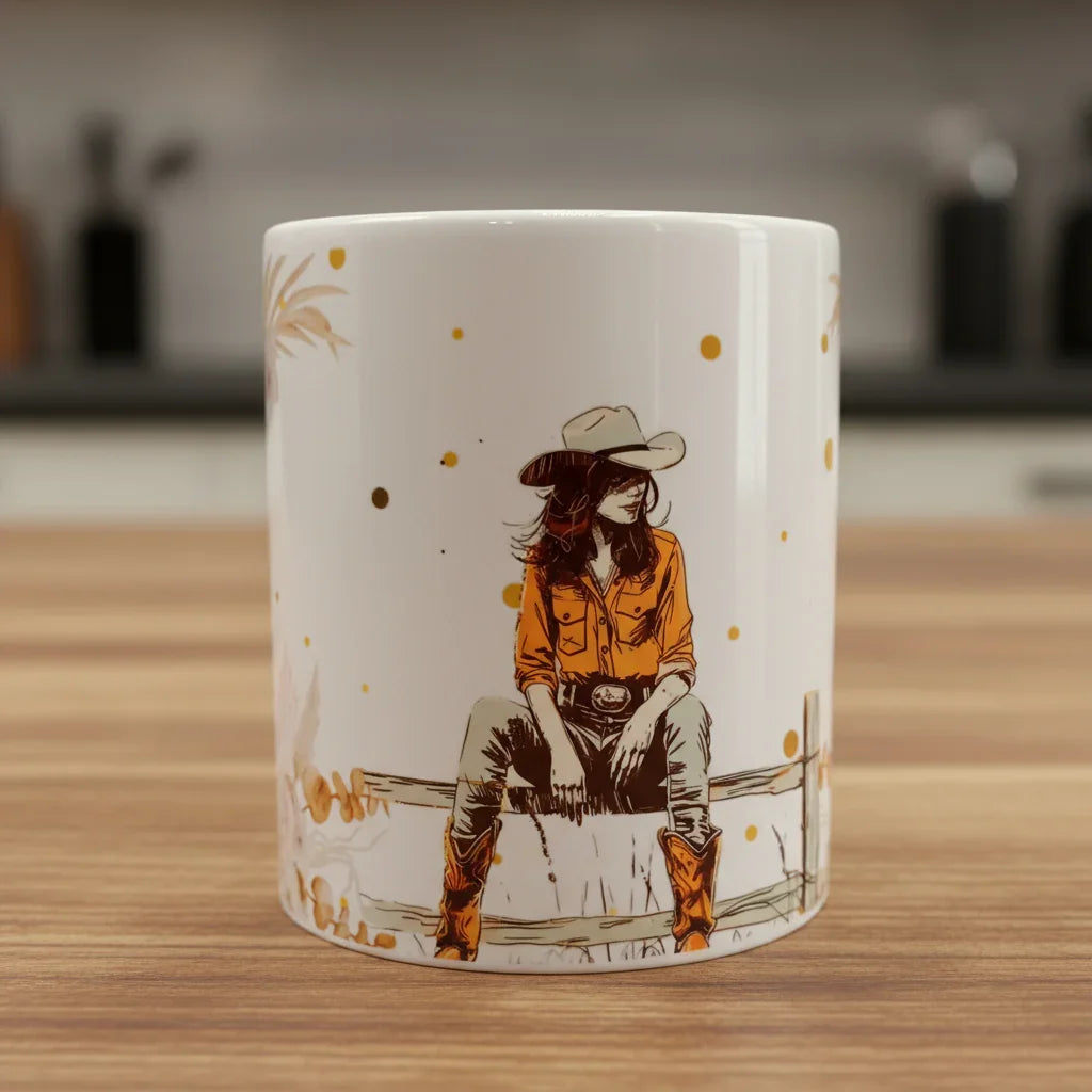 White ceramic mug with illustration of a woman in cowboy hat, orange shirt, jeans, and boots sitting on a fence