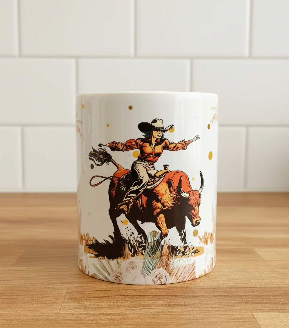 White ceramic mug with illustration of cowgirl riding a bull in western style on wooden surface