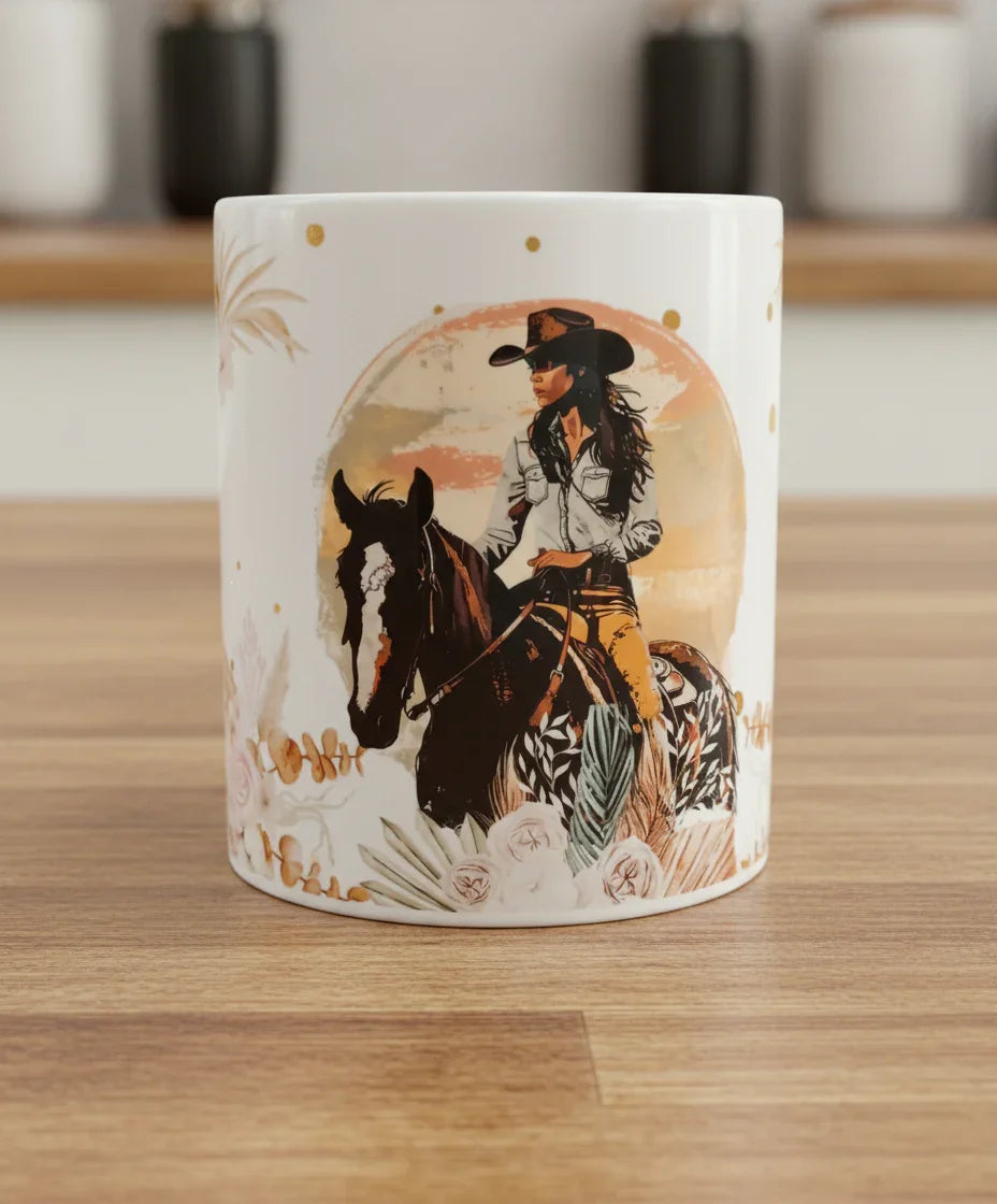 Ceramic mug featuring illustration of a cowgirl in hat riding a horse with floral and sunset background