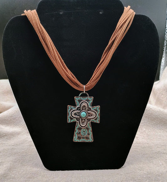 Southwestern Turquoise Cross Suede Cord Necklace
