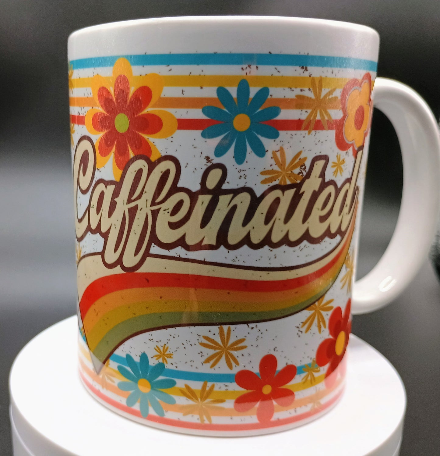Retro Caffeinated Coffee Mug - Vintage Rainbow Design | American Taína Crafts - American Taina Crafts 