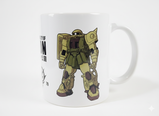 White ceramic mug featuring olive green anime-style robot with mechanical details and spiked shoulder armor