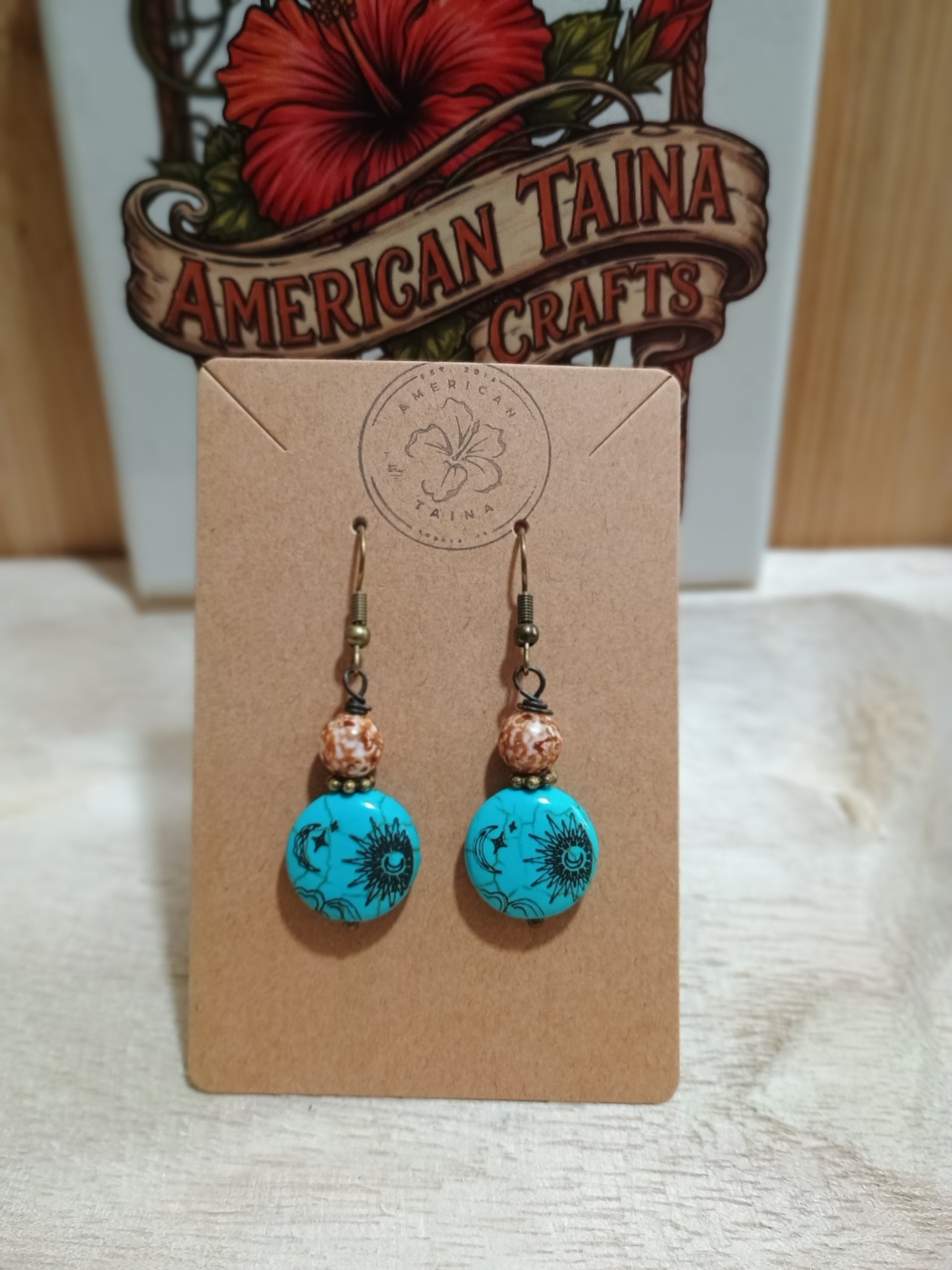 Handcrafted Turquoise & Antique Brass Celestial Dangle Earrings - American Taina Crafts 