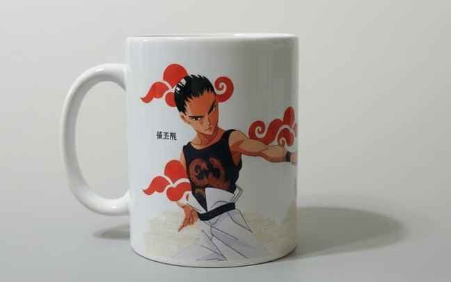 White ceramic coffee mug with anime character in black and white outfit and red cloud design