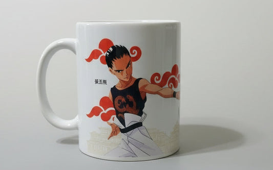 White ceramic coffee mug with anime character in black and white outfit and red cloud design